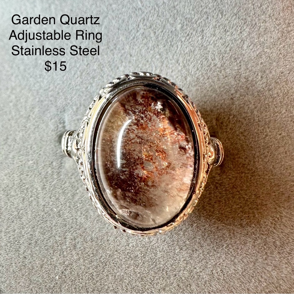 Garden Quartz (lodolite) Adjustable Stainless Steel Ring